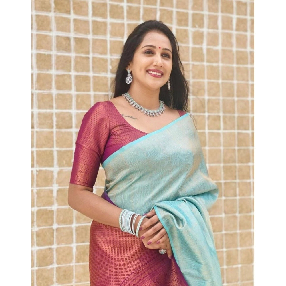 Vaystra Litchi silk Printed Saree With Unstitched Blouse – Blue