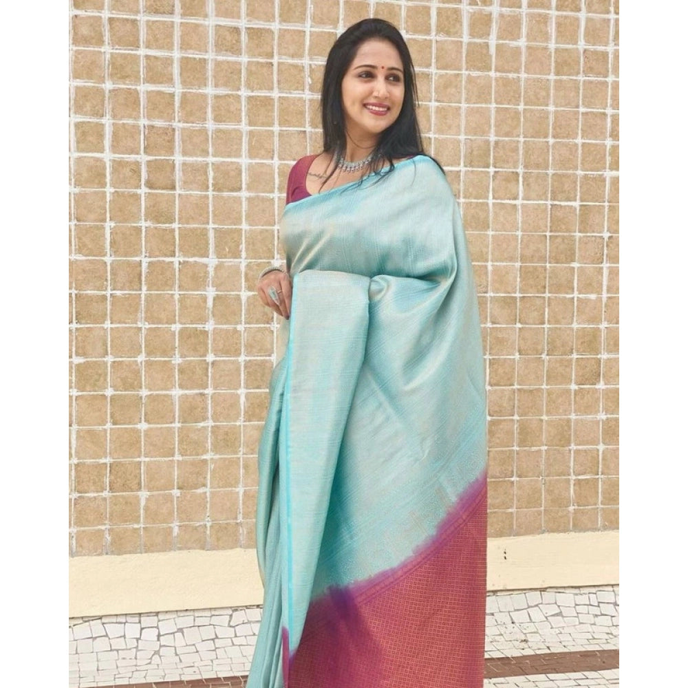 Vaystra Litchi silk Printed Saree With Unstitched Blouse – Blue