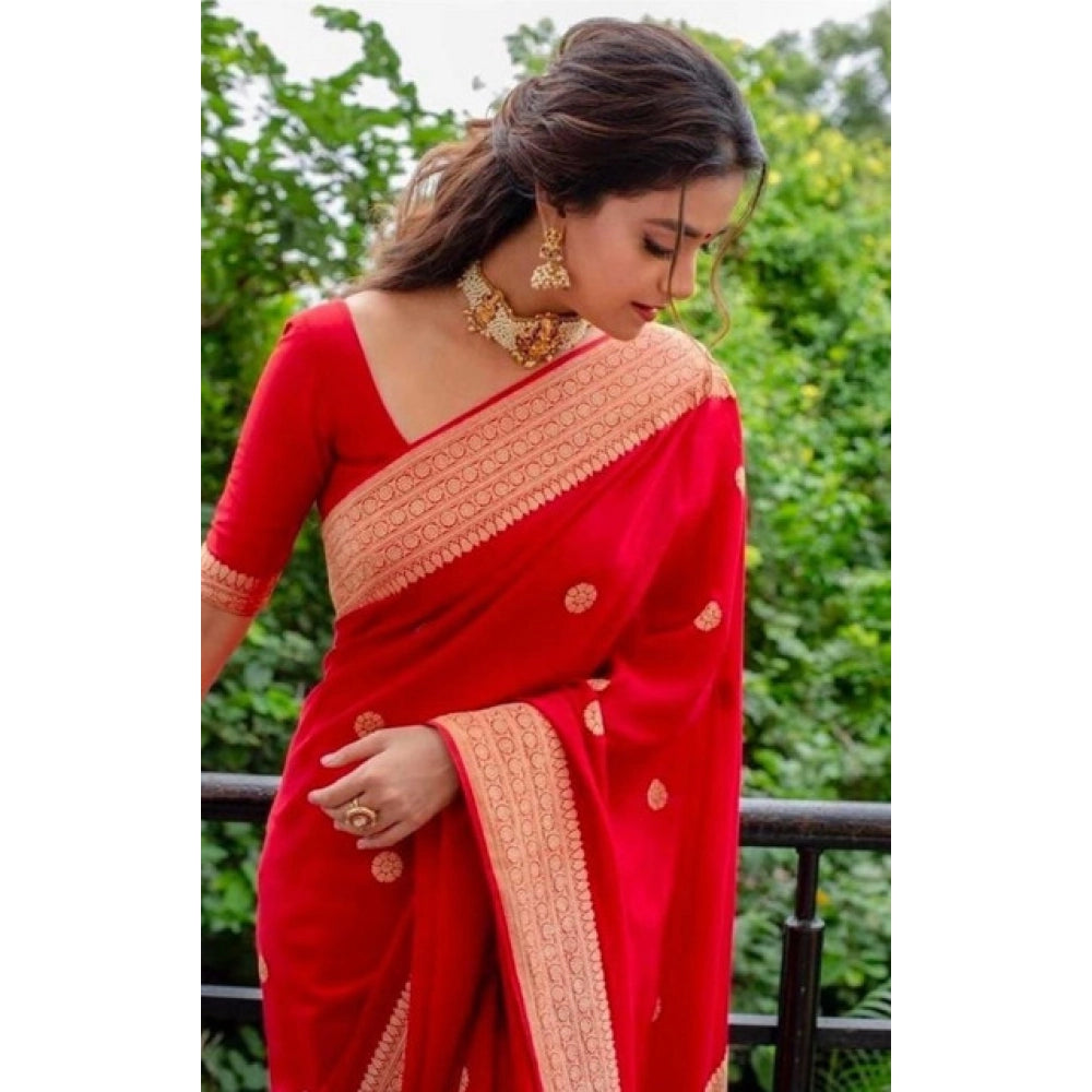 Vaystra Litchi silk Printed Saree With Unstitched Blouse – Red