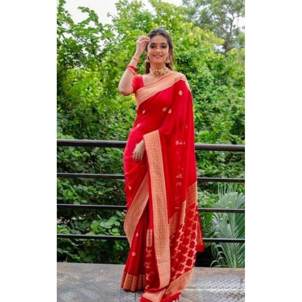 Vaystra Litchi silk Printed Saree With Unstitched Blouse – Red
