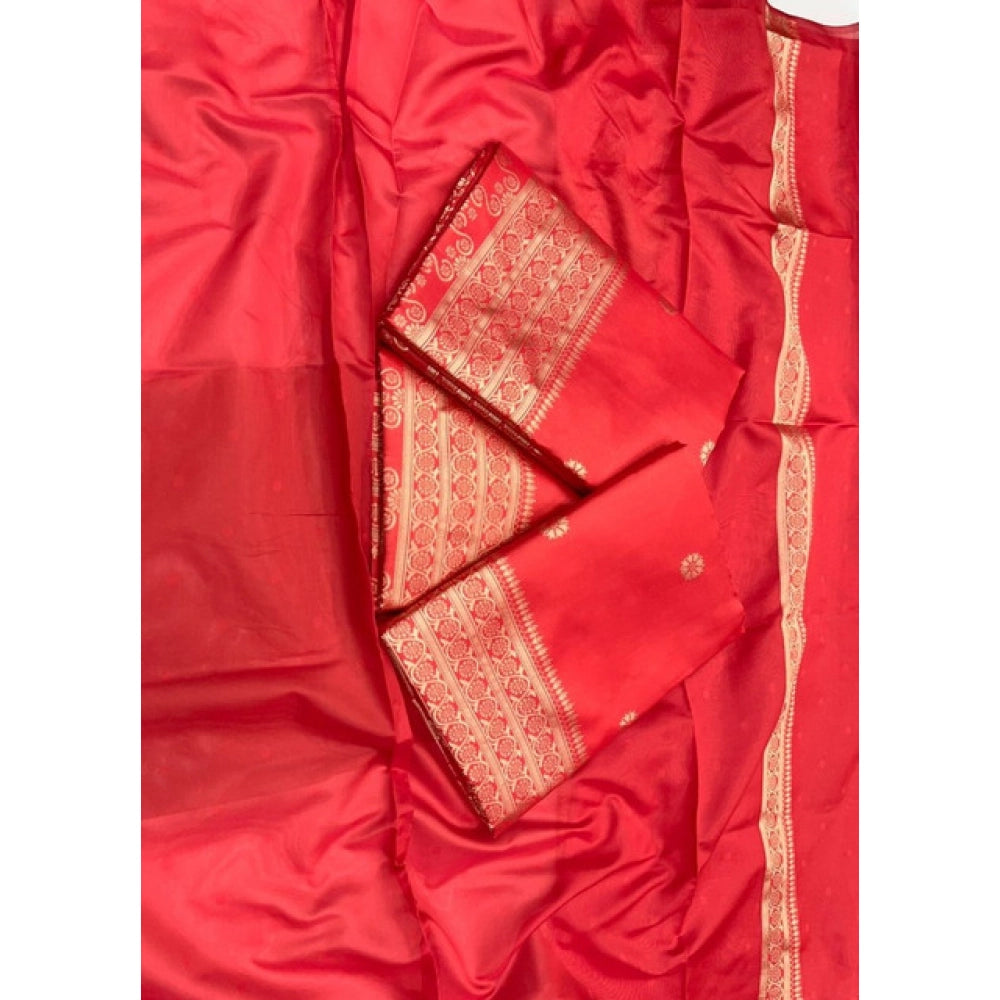 Vaystra Litchi silk Printed Saree With Unstitched Blouse – Red
