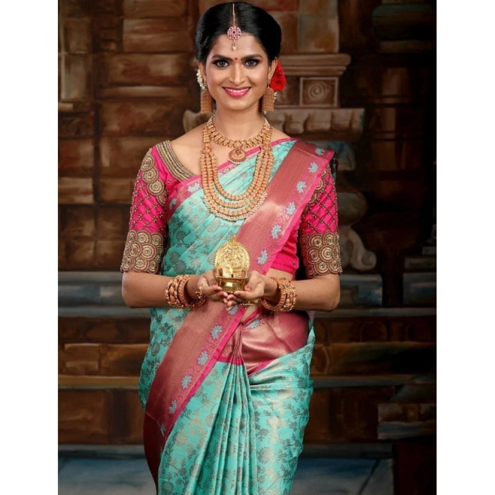 Vaystra Litchi silk Printed Saree With Unstitched Blouse – Turquise Blue