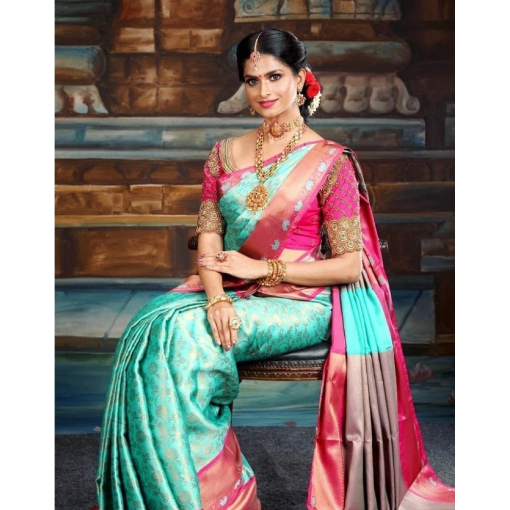 Vaystra Litchi silk Printed Saree With Unstitched Blouse – Turquise Blue