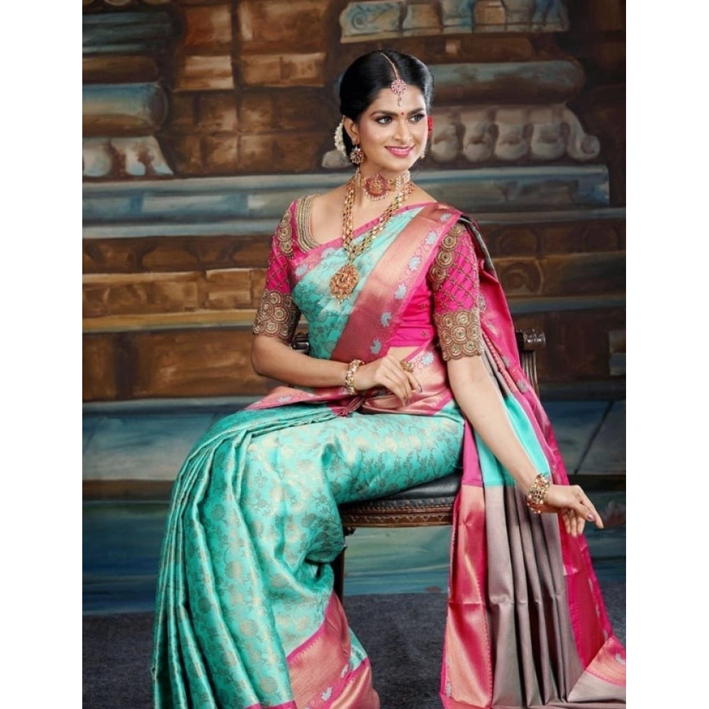 Vaystra Litchi silk Printed Saree With Unstitched Blouse – Turquise Blue
