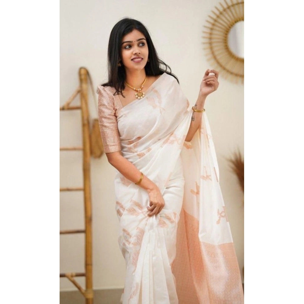 Vaystra Litchi silk Printed Saree With Unstitched Blouse – White