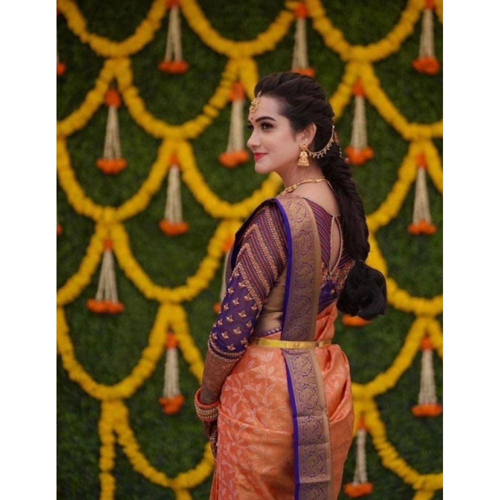 Vaystra Litchi silk Printed Saree With Unstitched Blouse – Orange