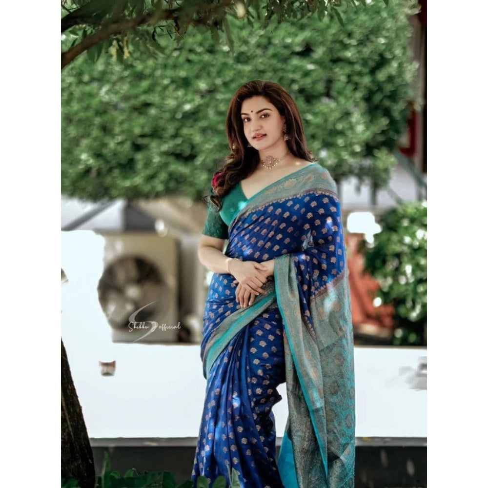 Vaystra Litchi silk Printed Saree With Unstitched Blouse – Navy Blue