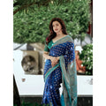 Vaystra Litchi silk Printed Saree With Unstitched Blouse – Navy Blue
