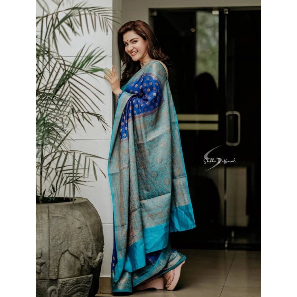 Vaystra Litchi silk Printed Saree With Unstitched Blouse – Navy Blue