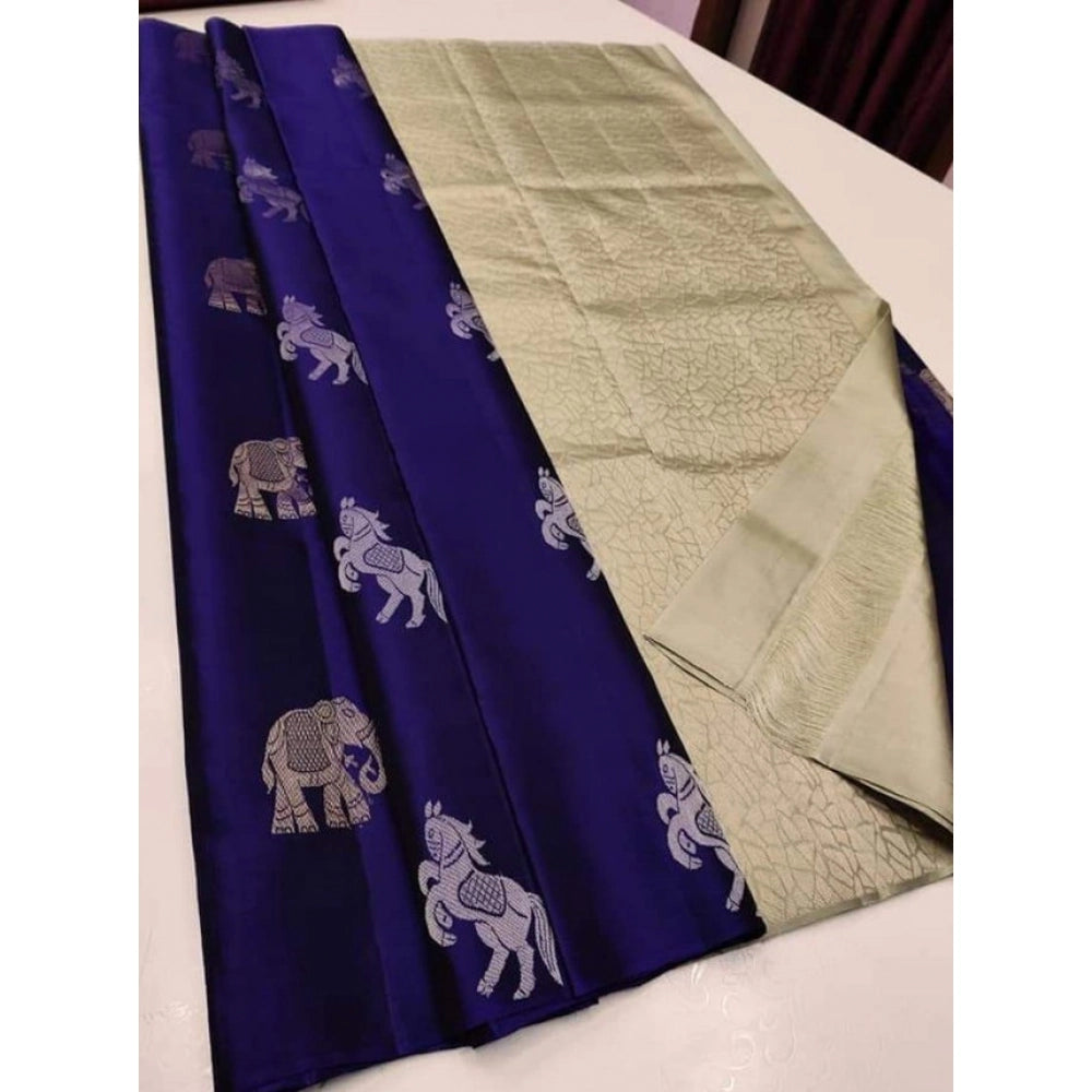 Vaystra Litchi silk Printed Saree With Unstitched Blouse – Navy Blue And White