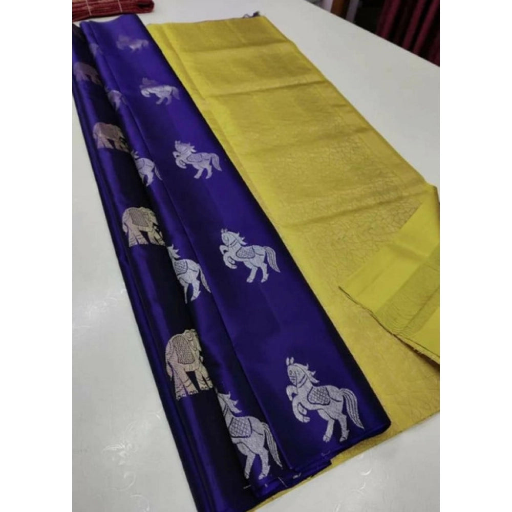Vaystra Litchi silk Printed Saree With Unstitched Blouse – Navy Blue And Yellow