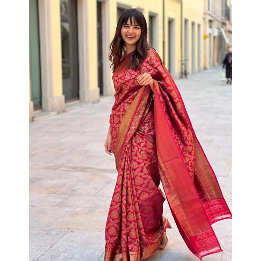 Vaystra Litchi silk Printed Saree With Unstitched Blouse – Red