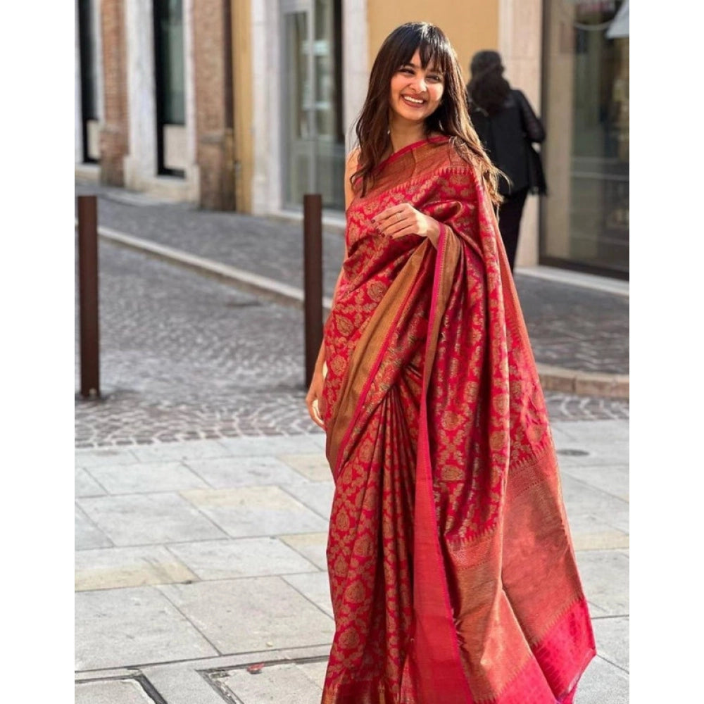 Vaystra Litchi silk Printed Saree With Unstitched Blouse – Red