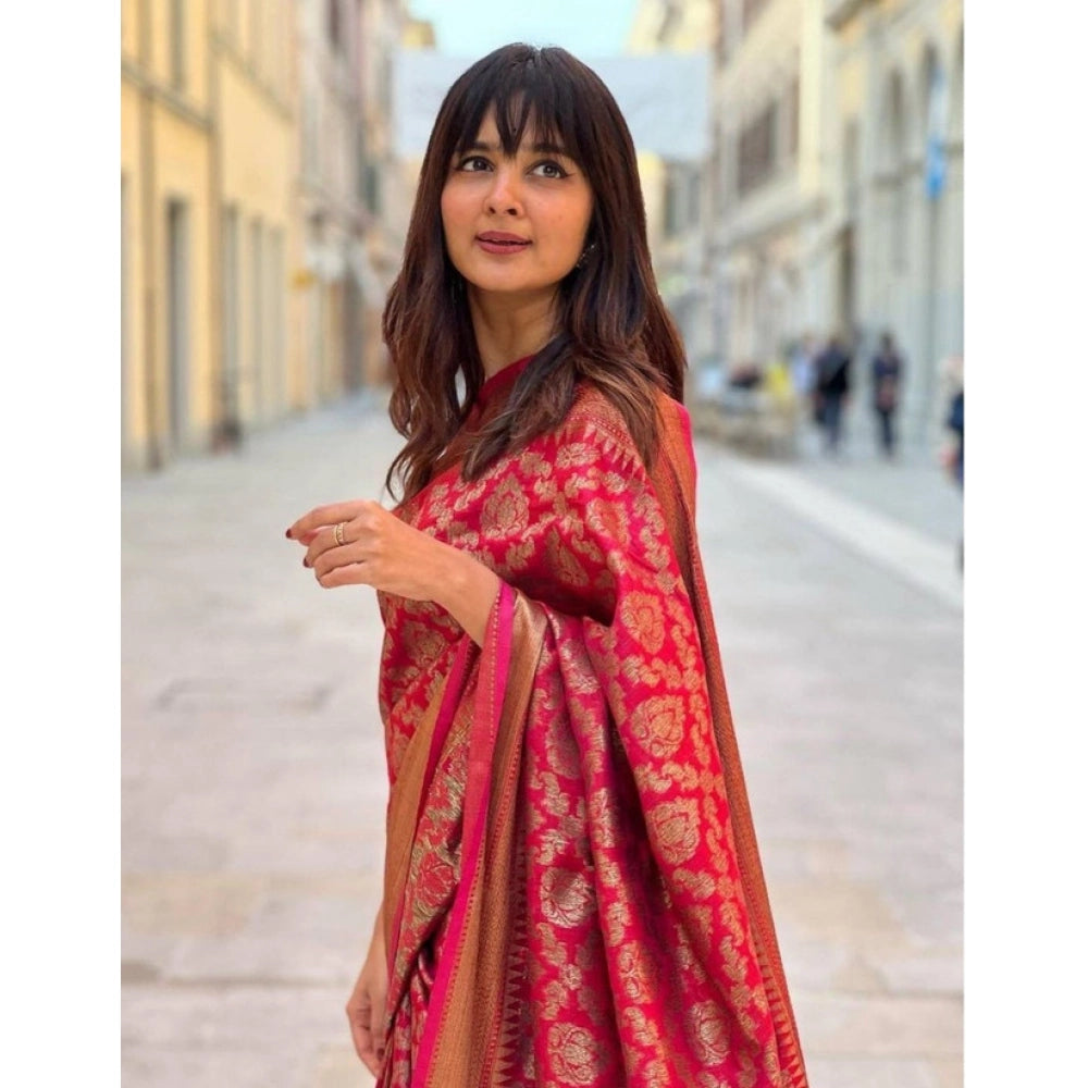 Vaystra Litchi silk Printed Saree With Unstitched Blouse – Red