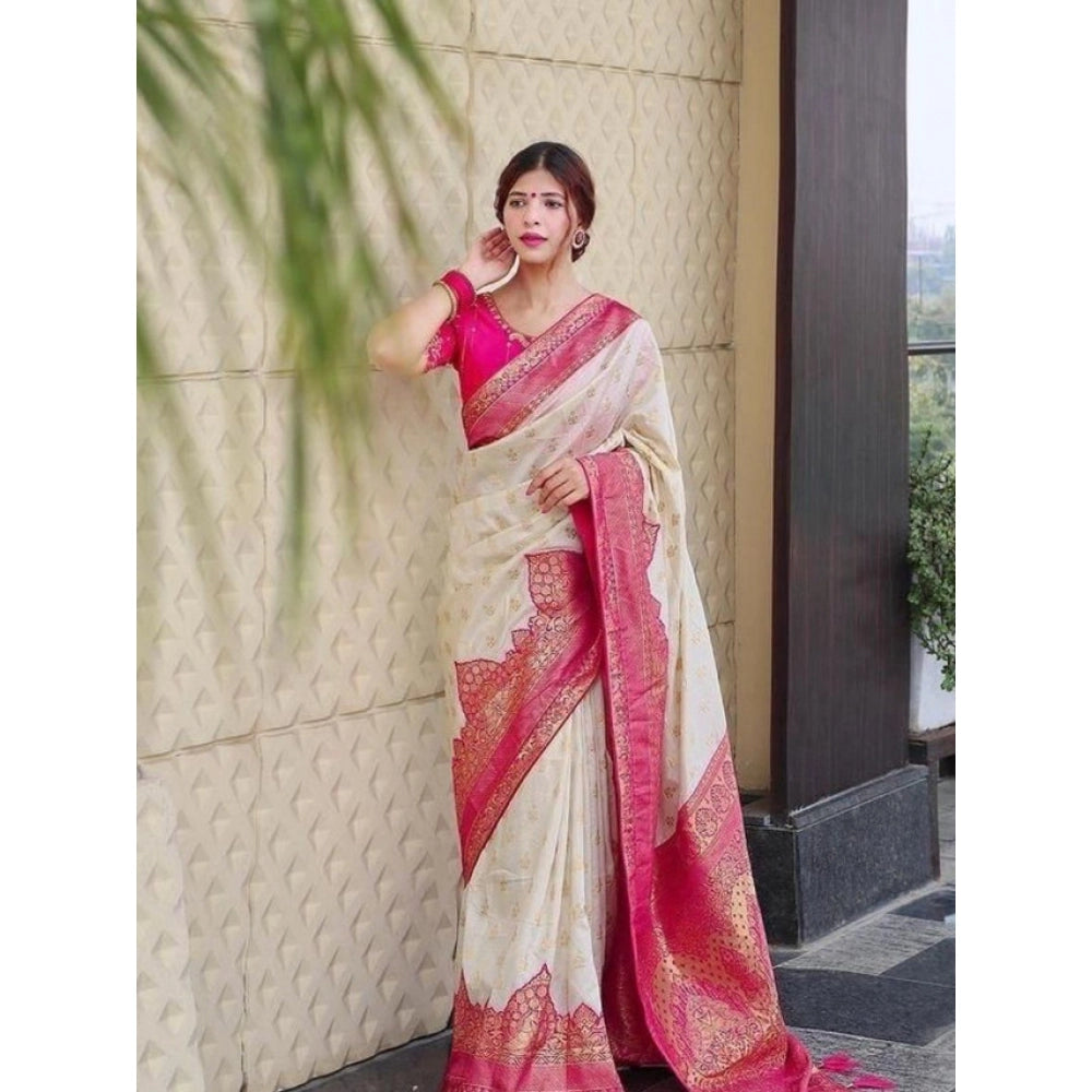 Vaystra Litchi silk Printed Saree With Unstitched Blouse – Half White