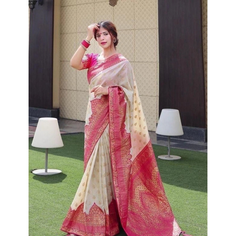 Vaystra Litchi silk Printed Saree With Unstitched Blouse – Half White