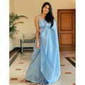 Vaystra Litchi silk Printed Saree With Unstitched Blouse – Light Blue