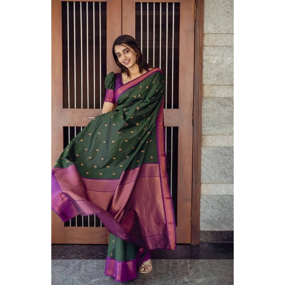 Vaystra Litchi silk Printed Saree With Unstitched Blouse – Dark Green