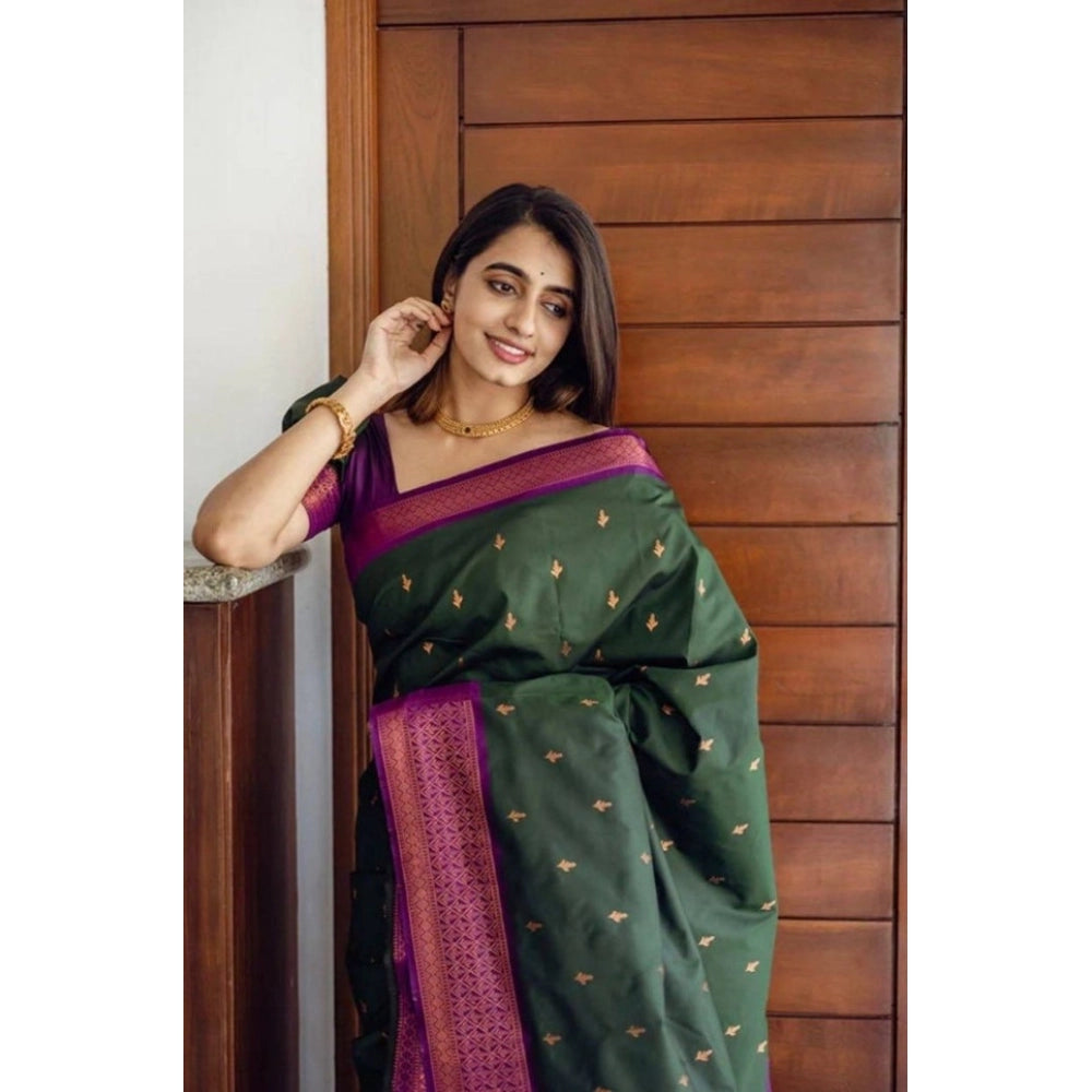 Vaystra Litchi silk Printed Saree With Unstitched Blouse – Dark Green