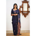 Vaystra Litchi silk Printed Saree With Unstitched Blouse – Dark Blue