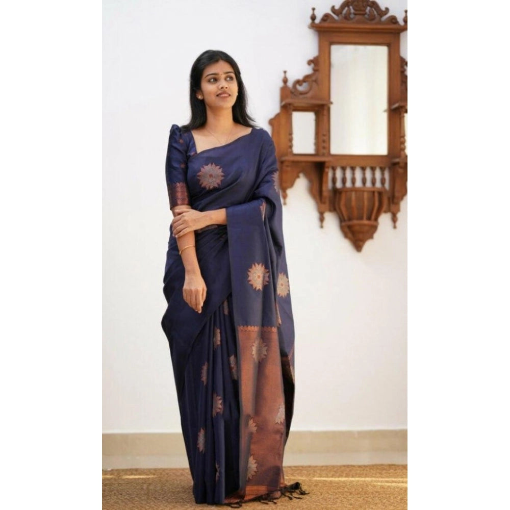 Vaystra Litchi silk Printed Saree With Unstitched Blouse – Dark Blue