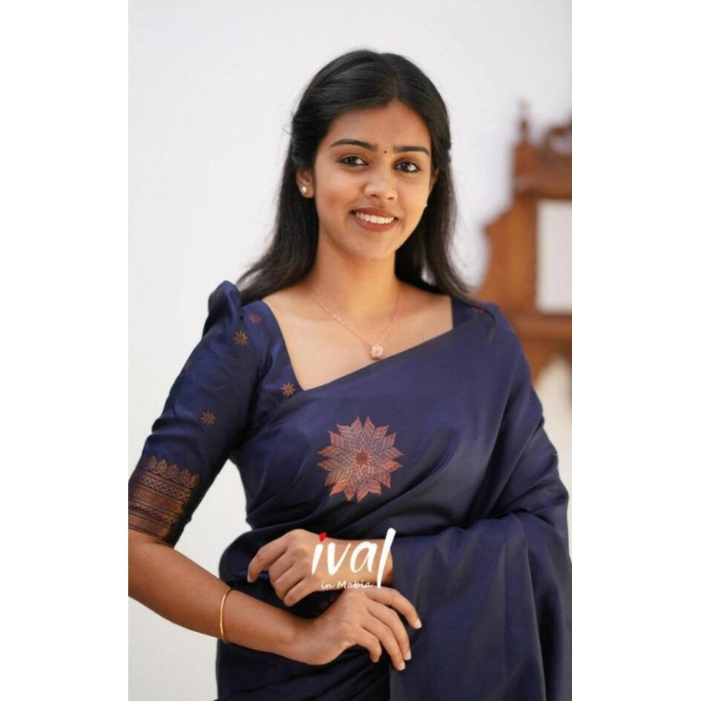 Vaystra Litchi silk Printed Saree With Unstitched Blouse – Dark Blue