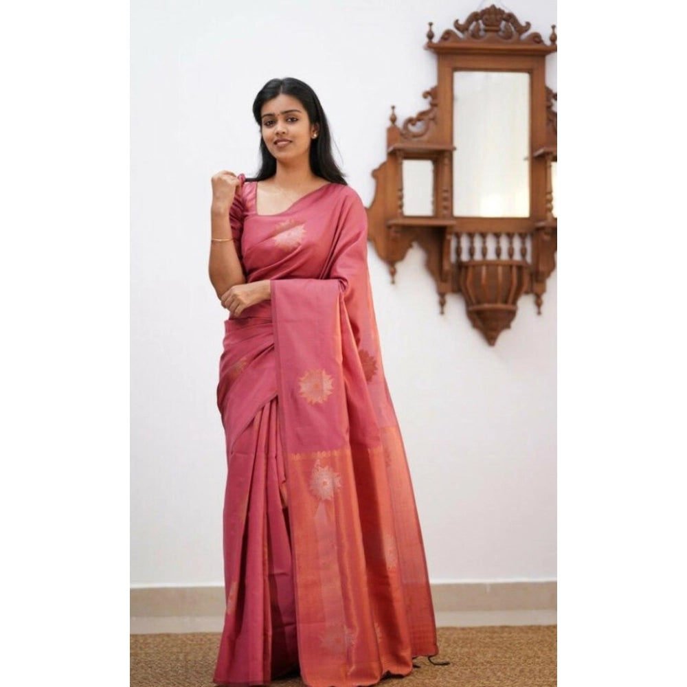 Vaystra Litchi silk Printed Saree With Unstitched Blouse – Peach
