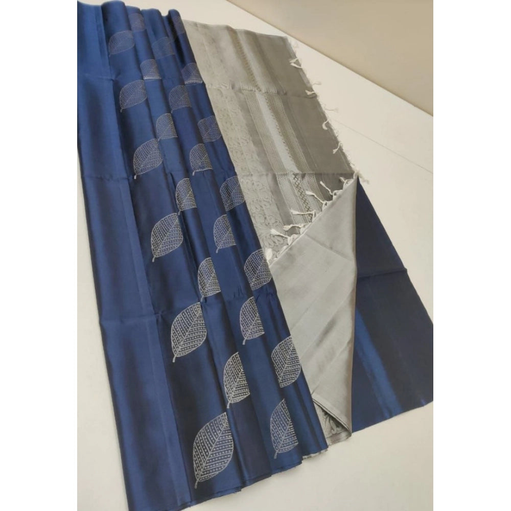 Vaystra Litchi silk Printed Saree With Unstitched Blouse – Dark Blue