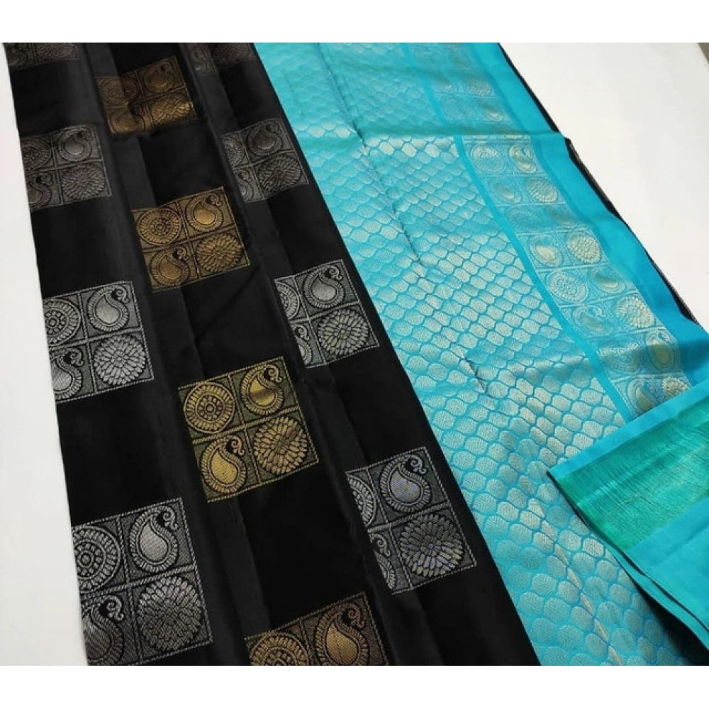 Vaystra Litchi silk Printed Saree With Unstitched Blouse – Black and Blue