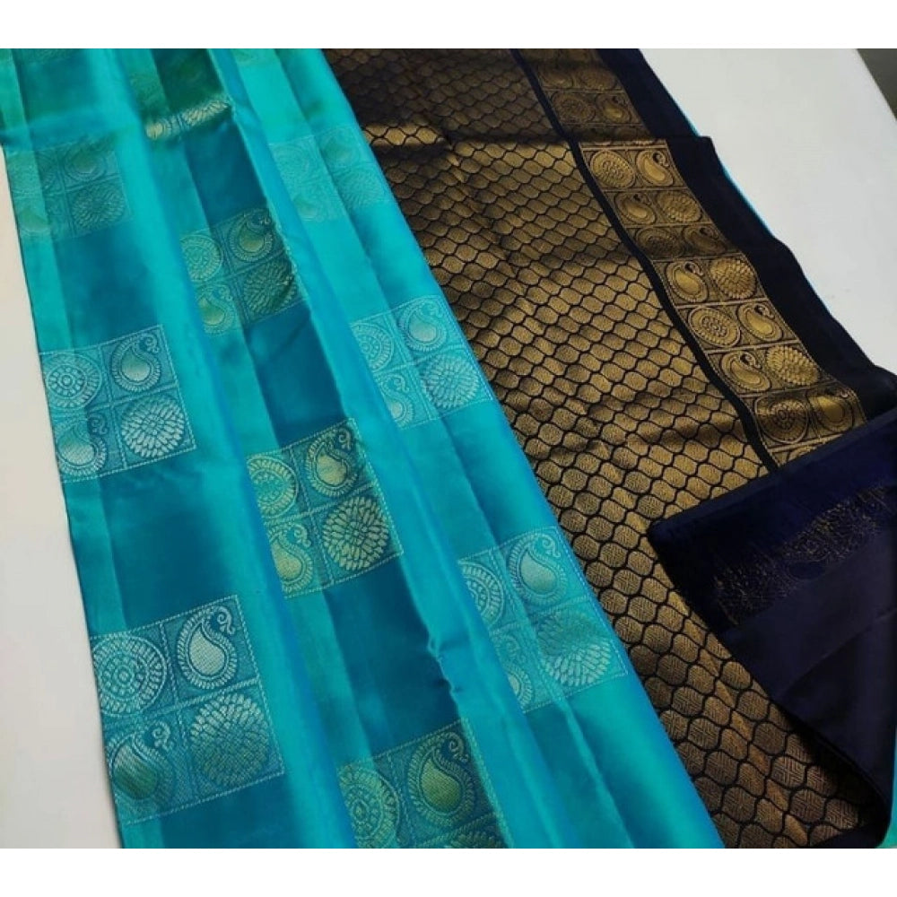 Vaystra Litchi silk Printed Saree With Unstitched Blouse – Light Blue And Black