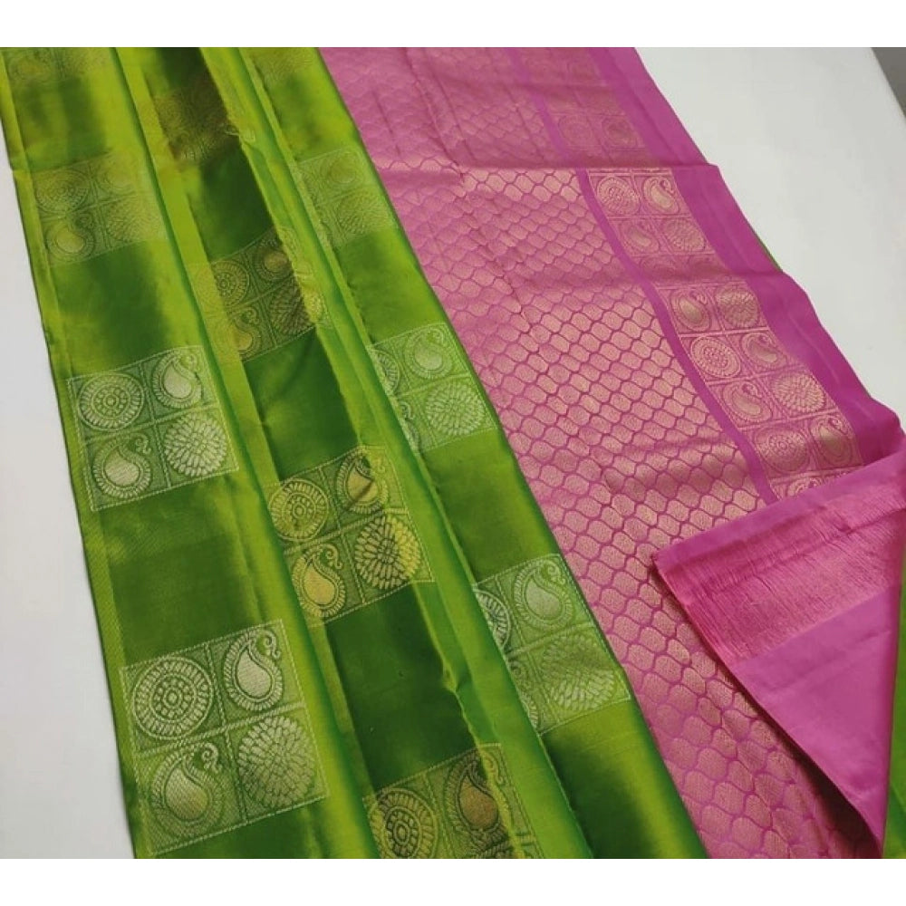 Vaystra Litchi silk Printed Saree With Unstitched Blouse – Green And Pink
