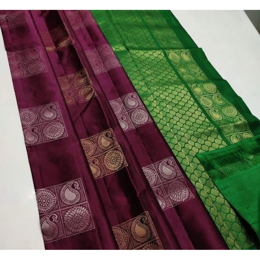 Vaystra Litchi silk Printed Saree With Unstitched Blouse – Brown and Green