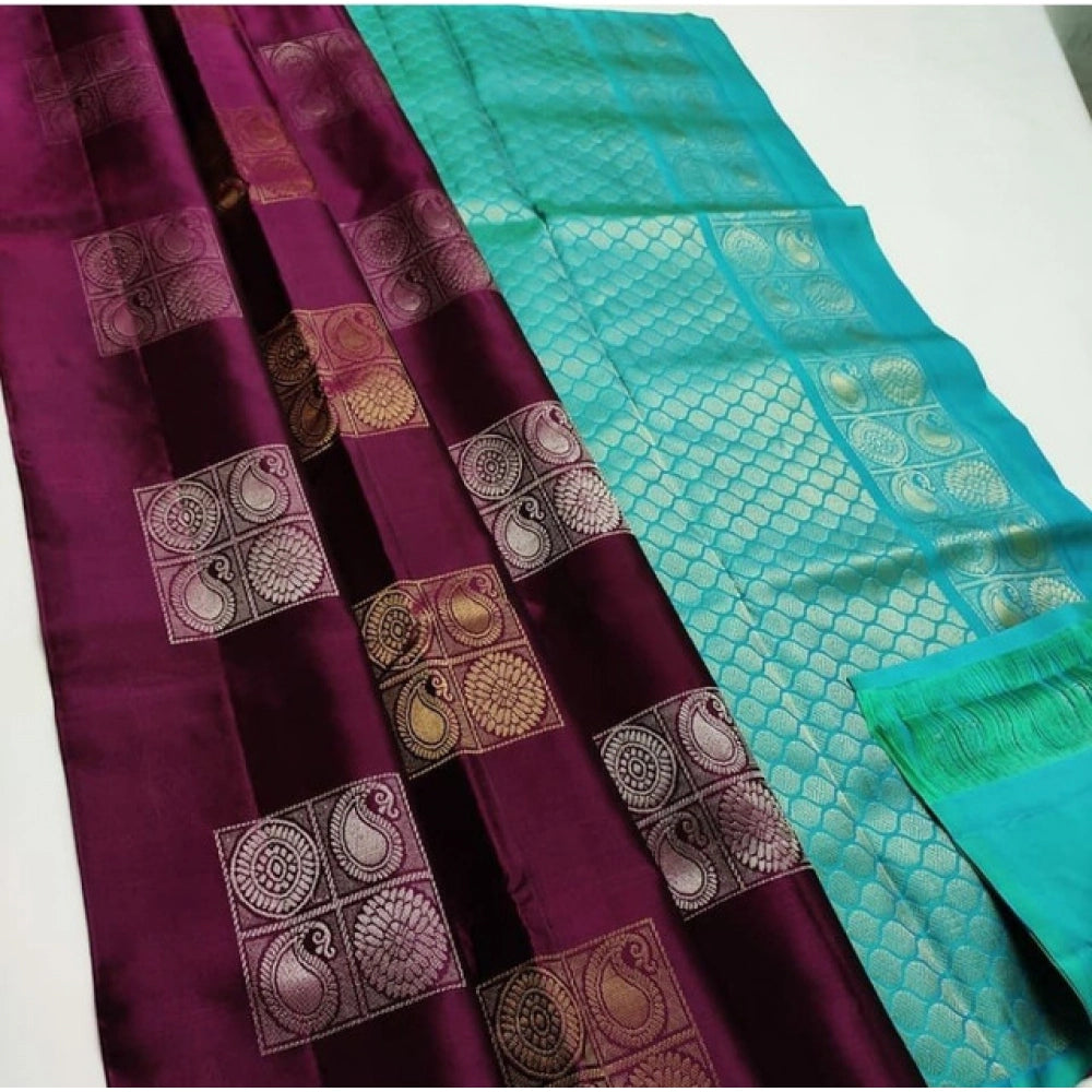 Vaystra Litchi silk Printed Saree With Unstitched Blouse – Maroon And Turquise Green