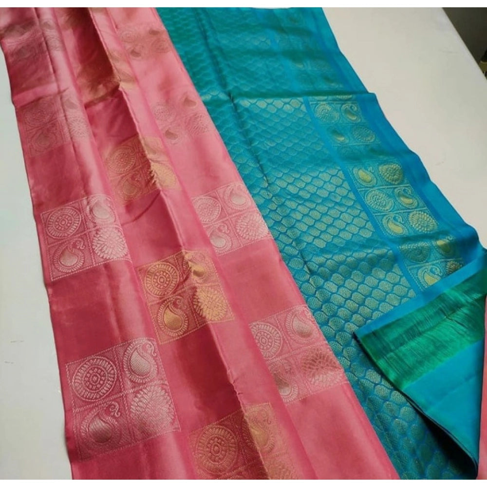 Vaystra Litchi silk Printed Saree With Unstitched Blouse – Peach And Turquise Green