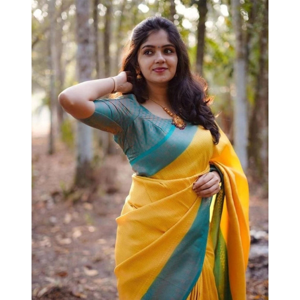 Vaystra Litchi silk Printed Saree With Unstitched Blouse – Yellow