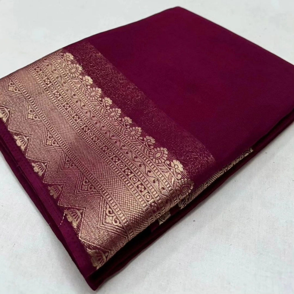 Vaystra Crepe Chit Pallu Solid Saree With Unstitched Blouse 5.5Mtr – Purple