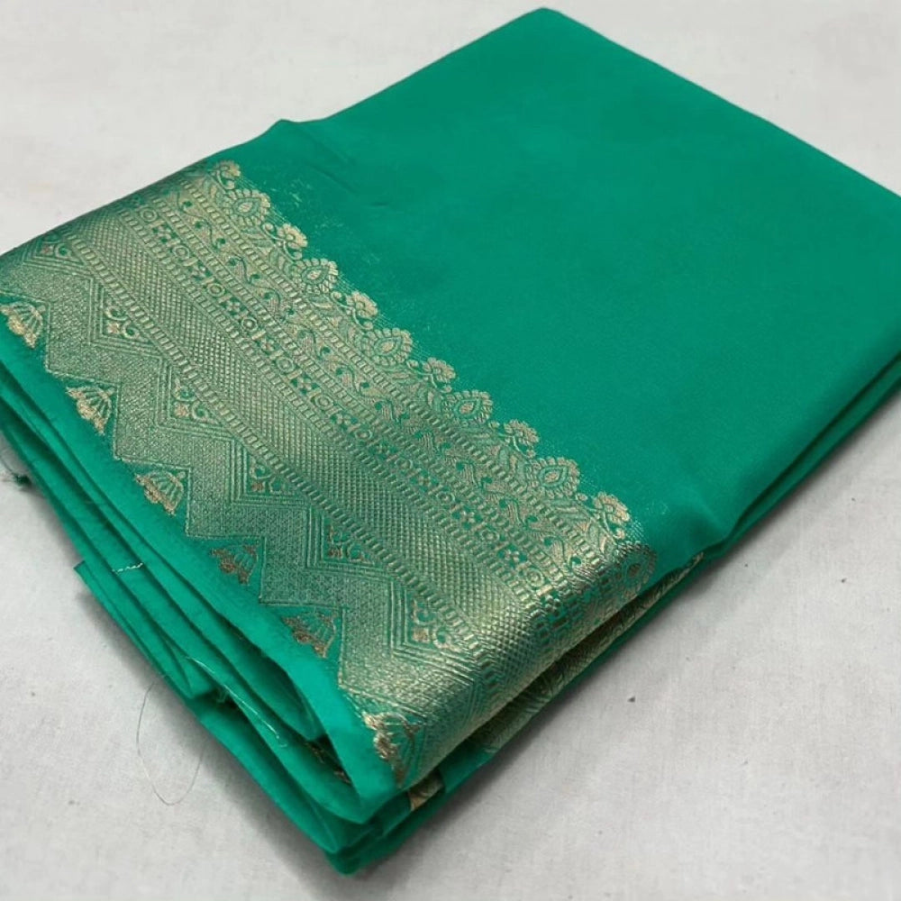 Vaystra Crepe Chit Pallu Solid Saree With Unstitched Blouse 5.5Mtr – Turquoise Green