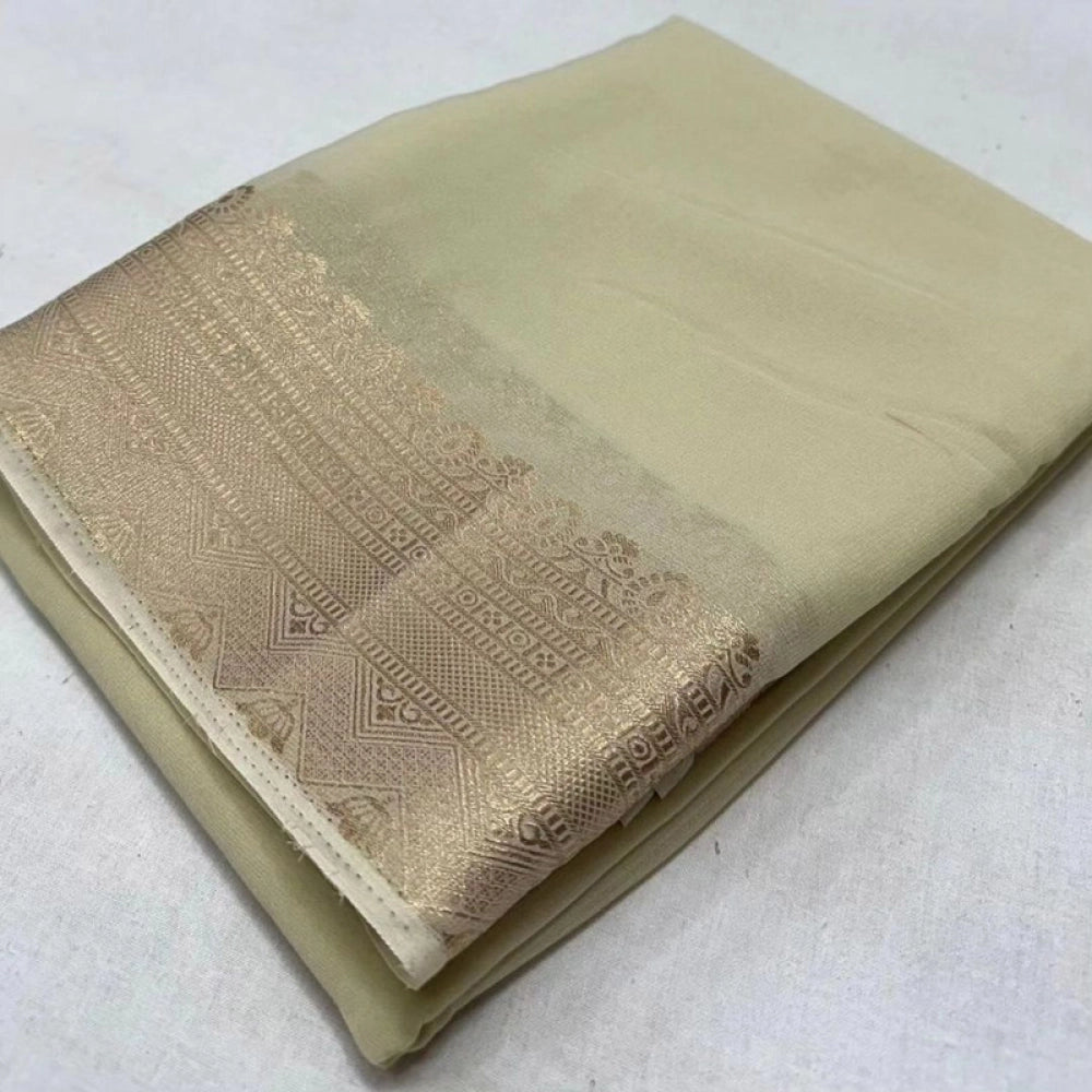 Vaystra Crepe Chit Pallu Solid Saree With Unstitched Blouse 5.5Mtr – Beige
