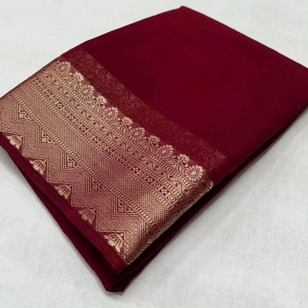 Vaystra Crepe Chit Pallu Solid Saree With Unstitched Blouse 5.5Mtr – Maroon