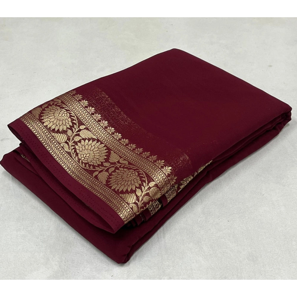 Vaystra Crepe Chit Pallu Solid Saree With Unstitched Blouse 5.5Mtr – Maroon