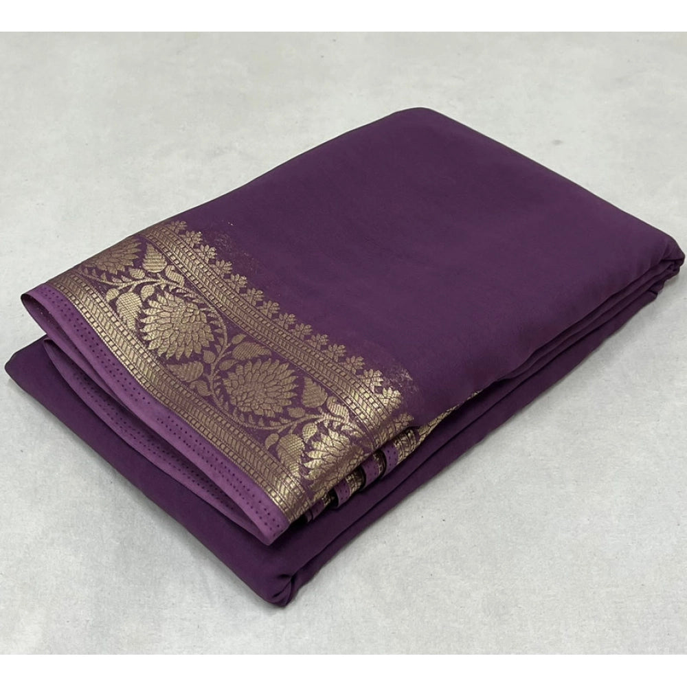Vaystra Crepe Chit Pallu Solid Saree With Unstitched Blouse 5.5Mtr – Purple