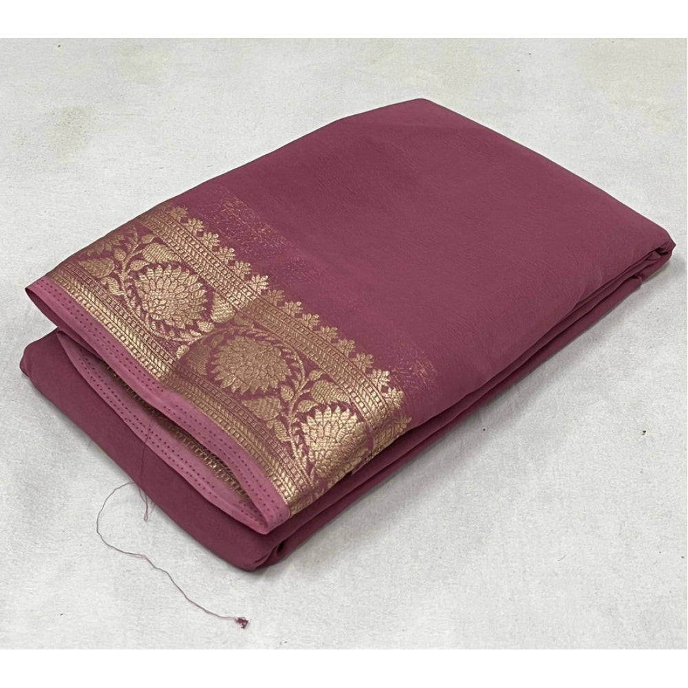 Vaystra Crepe Chit Pallu Solid Saree With Unstitched Blouse 5.5Mtr – Peach