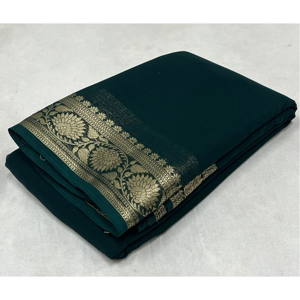 Vaystra Crepe Chit Pallu Solid Saree With Unstitched Blouse 5.5Mtr – Green