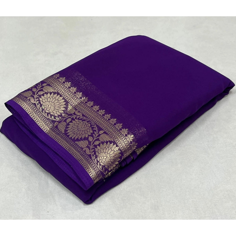 Vaystra Crepe Chit Pallu Solid Saree With Unstitched Blouse 5.5Mtr – Dark Purple