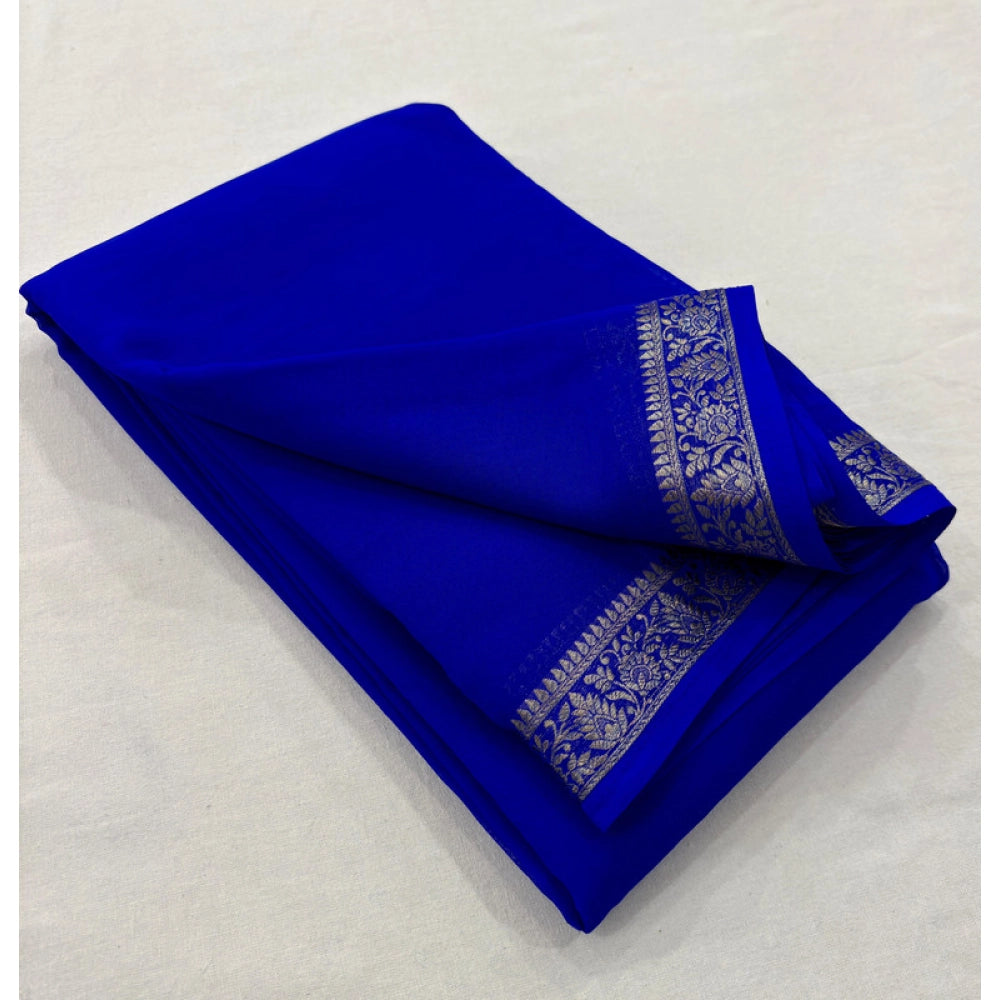 Vaystra Crepe Chit Pallu Solid Saree With Unstitched Blouse 5.5Mtr – Blue