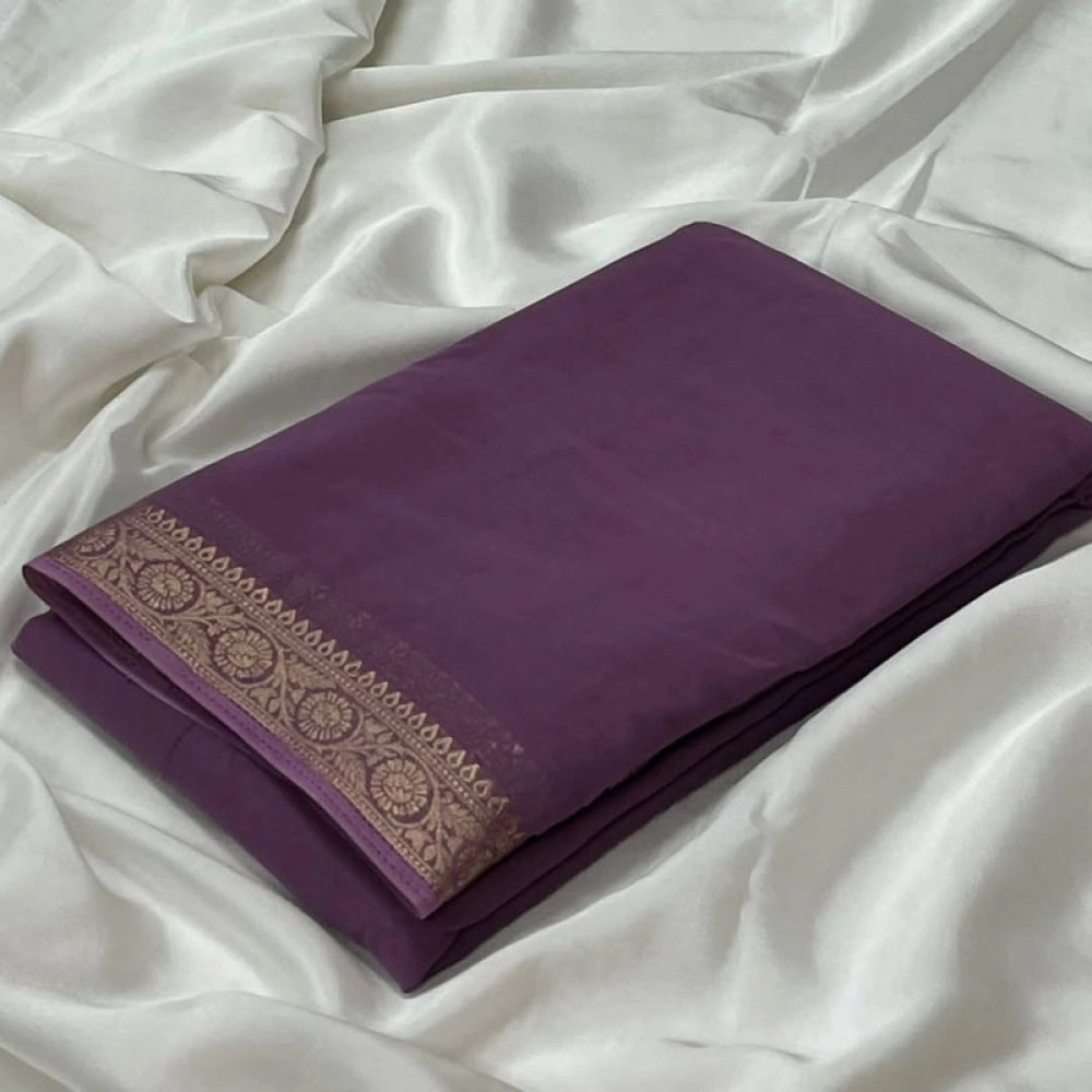 Vaystra Crepe Chit Pallu Solid Saree With Unstitched Blouse 5.5Mtr – Violet