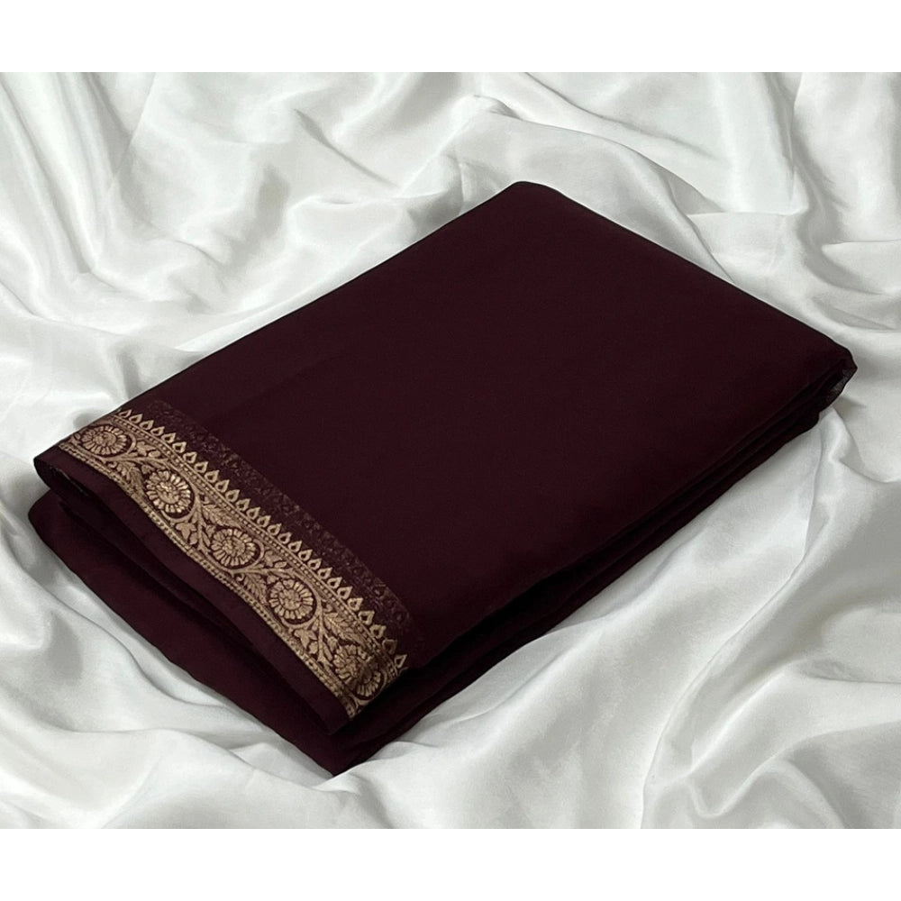 Vaystra Crepe Chit Pallu Solid Saree With Unstitched Blouse 5.5Mtr – Brown