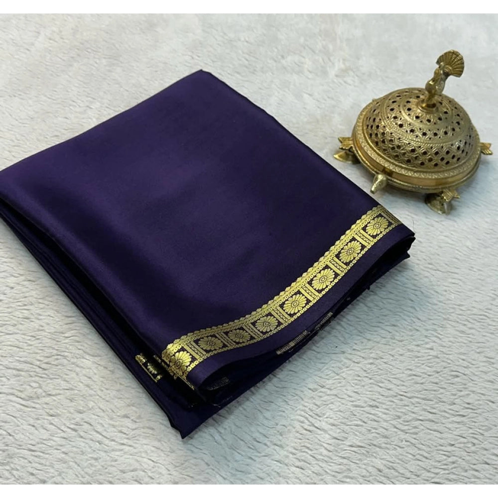 Vaystra Crepe Chit Pallu Solid Saree With Unstitched Blouse 5.5Mtr – Navy Blue
