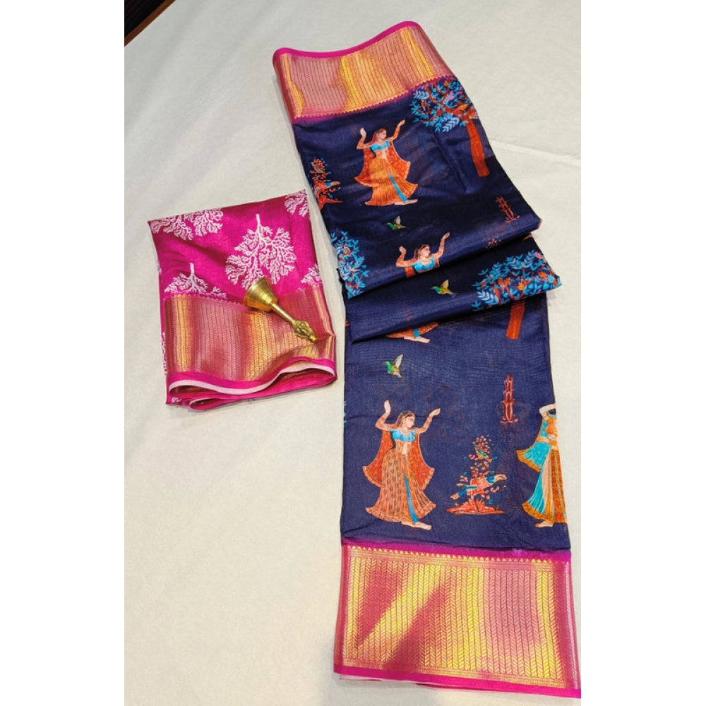 Vaystra Digital Dolla Silk Printed Saree With Unstitched Blouse 5.5Mtr – Navy Blue