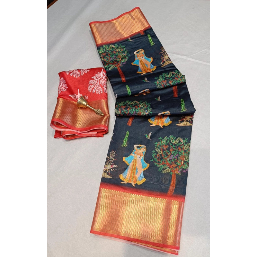 Vaystra Digital Dolla Silk Printed Saree With Unstitched Blouse 5.5Mtr – Black